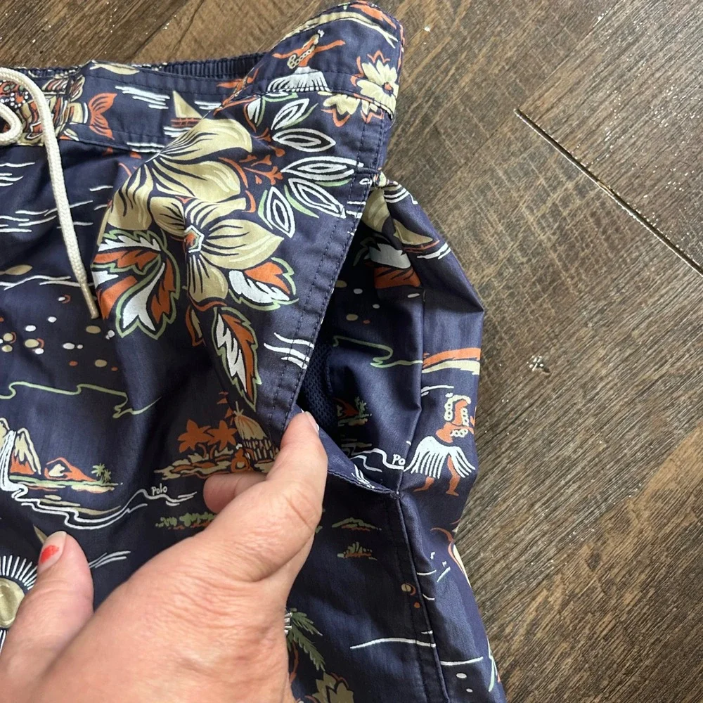 Vintage Polo Sport‎ Ralph Lauren Hawaiian Print Swim Trunks Navy Blue Mens XL